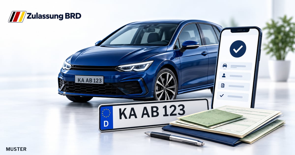 Online Fahrzeugzulassung in Karlsruhe: Musterkennzeichen KA AB 123, Auto und Fahrzeugpapiere und Smartphone. Illustration mit Logo von Zulassung BRD.